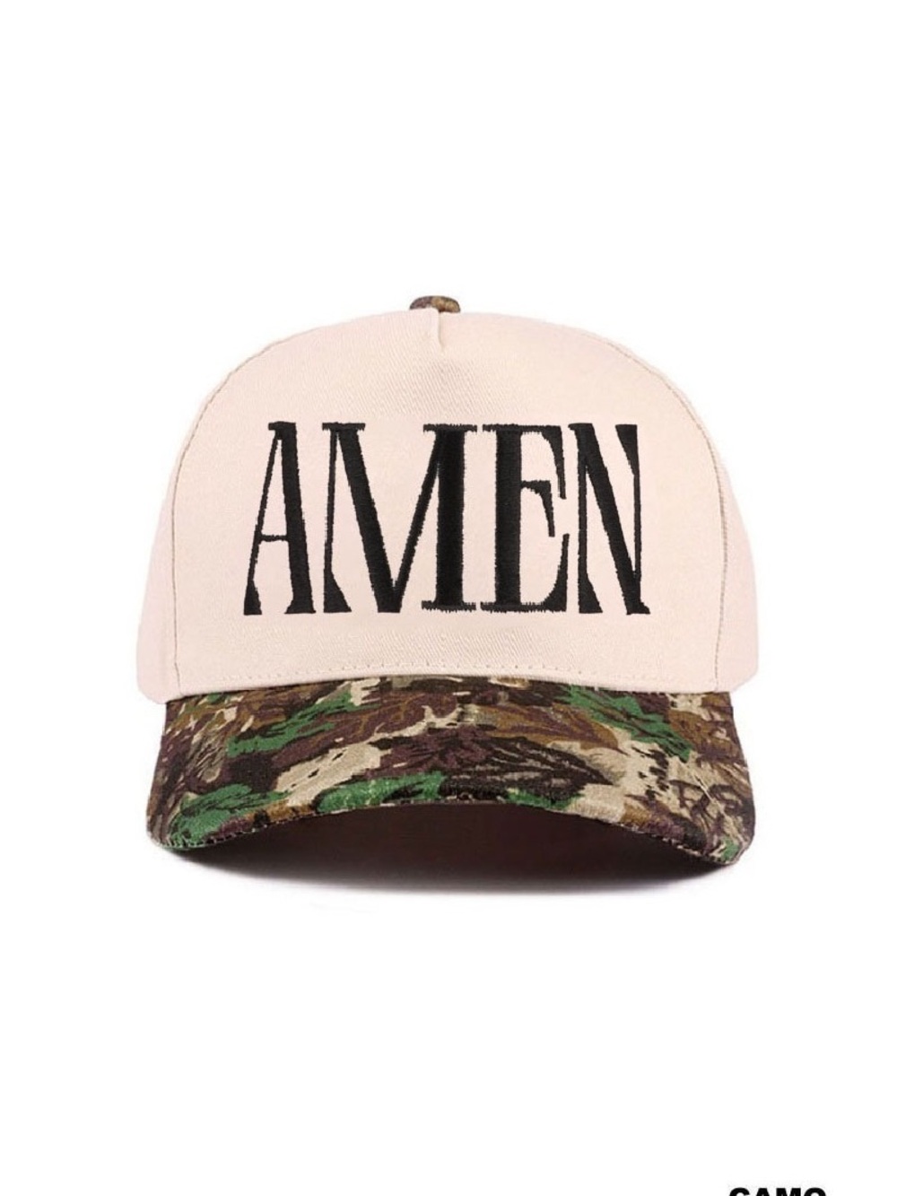 Amen Embroidered Cap with Camo Brim - Cream Hat & Green/Brown Camo